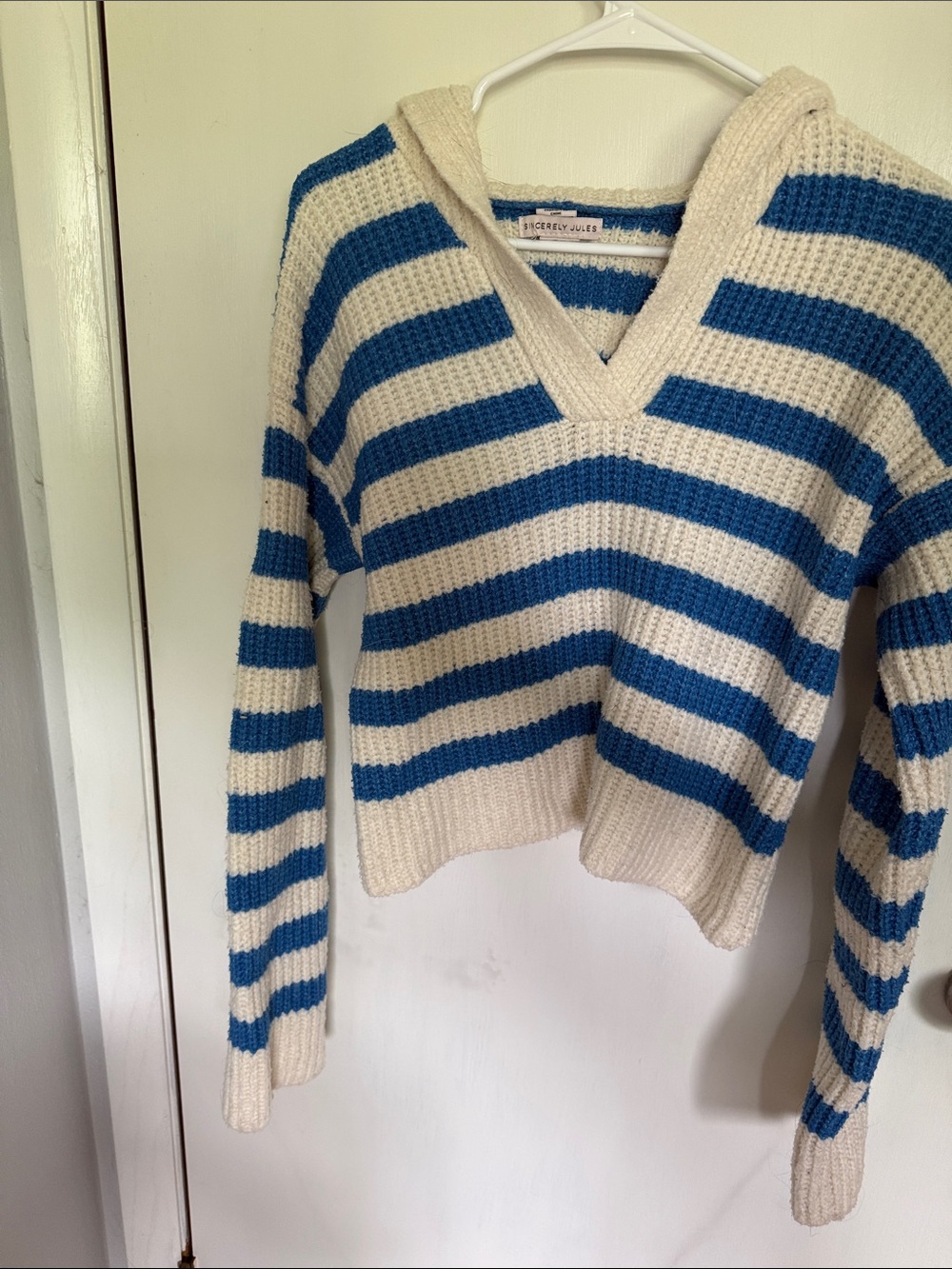 Sincerely Jules Blue & Cream Striped Hooded V-Neck Sweater